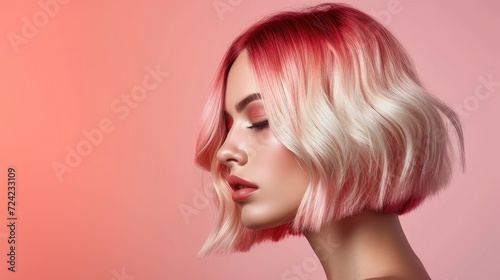 Ombre bob short hairstyle. Beautiful hair coloring woman. Trendy haircuts. Blond model with short shiny hairstyle. Concept Coloring Hair. Beauty Salon. photo