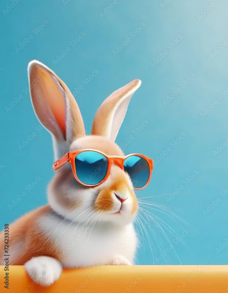 Funny rabbit in trendy orange sunglasses. Easter Bunny, Pastel blue background. Copy space for text. 