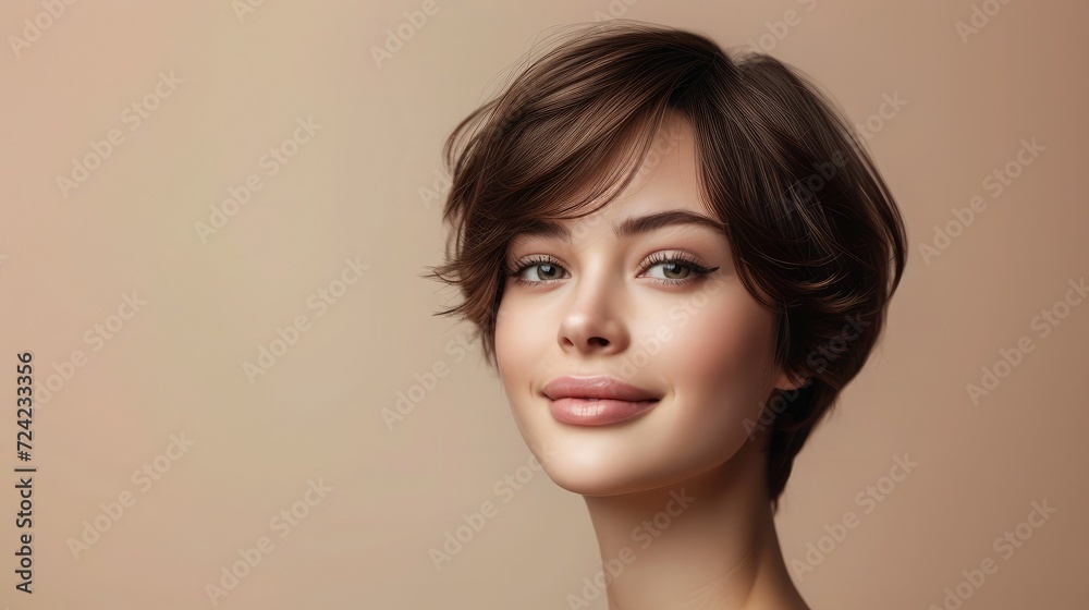 Fototapeta premium Smiling Beautiful Woman With Brown Short Hair. Haircut. Hairstyle. Fringe. Professional Makeup