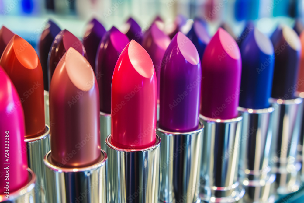 Close-up of a row of vibrant lipstick tubes in a cosmetics store. Close-up of a row of vibrant lipstick tubes in a cosmetics store.