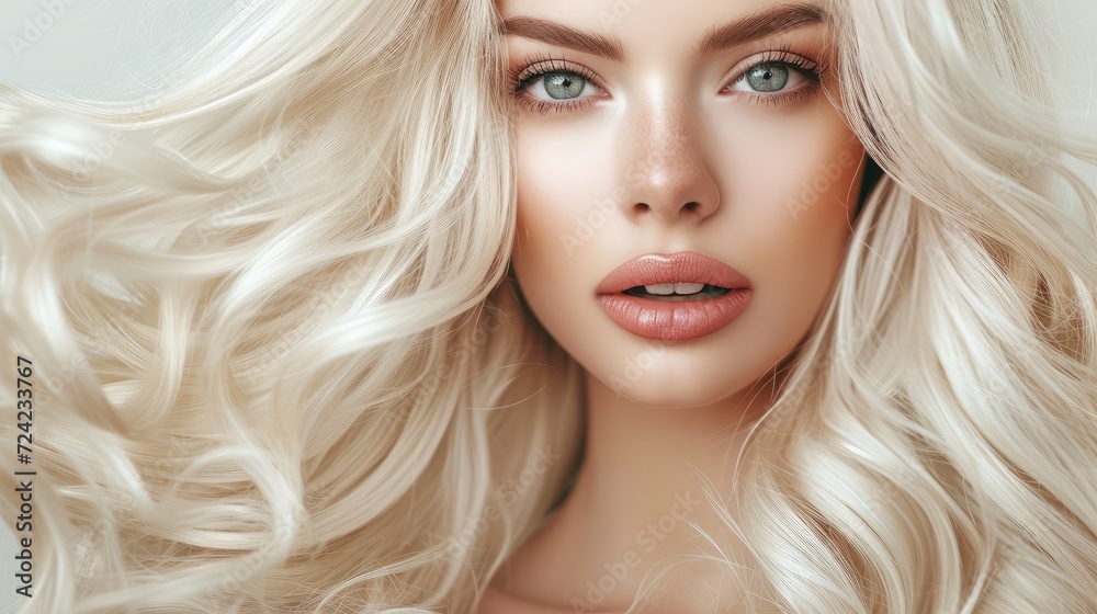 Beautiful girl with hair coloring in ultra blond. Stylish hairstyle done in a beauty salon. Fashion, cosmetics and makeup Beautiful girl with hair coloring in ultra blond. Stylish hairstyle done in a beauty salon. Fashion, cosmetics and makeup