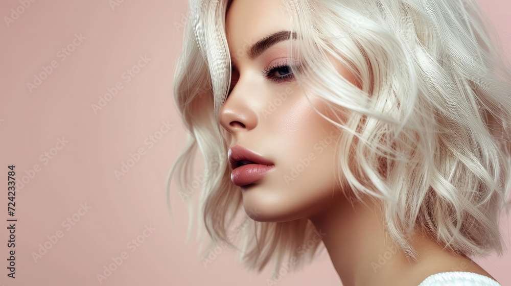 Beautiful girl with hair coloring in ultra blond. Stylish hairstyle done in a beauty salon. Fashion, cosmetics and makeup Beautiful girl with hair coloring in ultra blond. Stylish hairstyle done in a beauty salon. Fashion, cosmetics and makeup