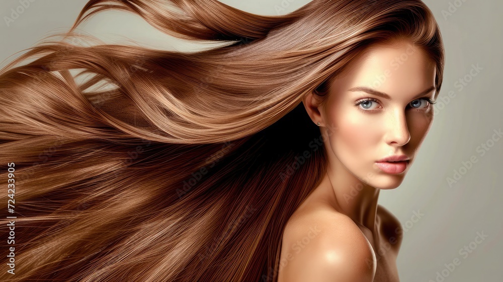 Obraz premium Beautiful model girl with shiny brown and straight long hair . Keratin straightening . Treatment, care and spa procedures. Smooth hairstyle