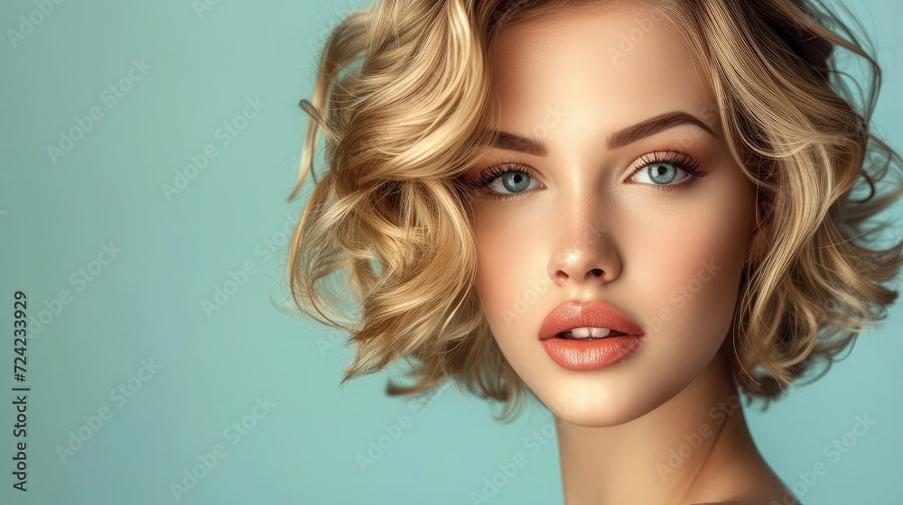 Beautiful model girl with short hair .Beauty woman with blonde curly hairstyle dye .Fashion, cosmetics and makeup