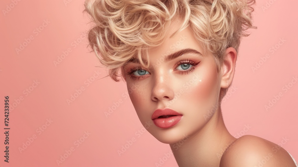 Beautiful model girl with short hair .Beauty woman with blonde curly hairstyle dye .Fashion, cosmetics and makeup Beautiful model girl with short hair .Beauty woman with blonde curly hairstyle dye .Fashion, cosmetics and makeup