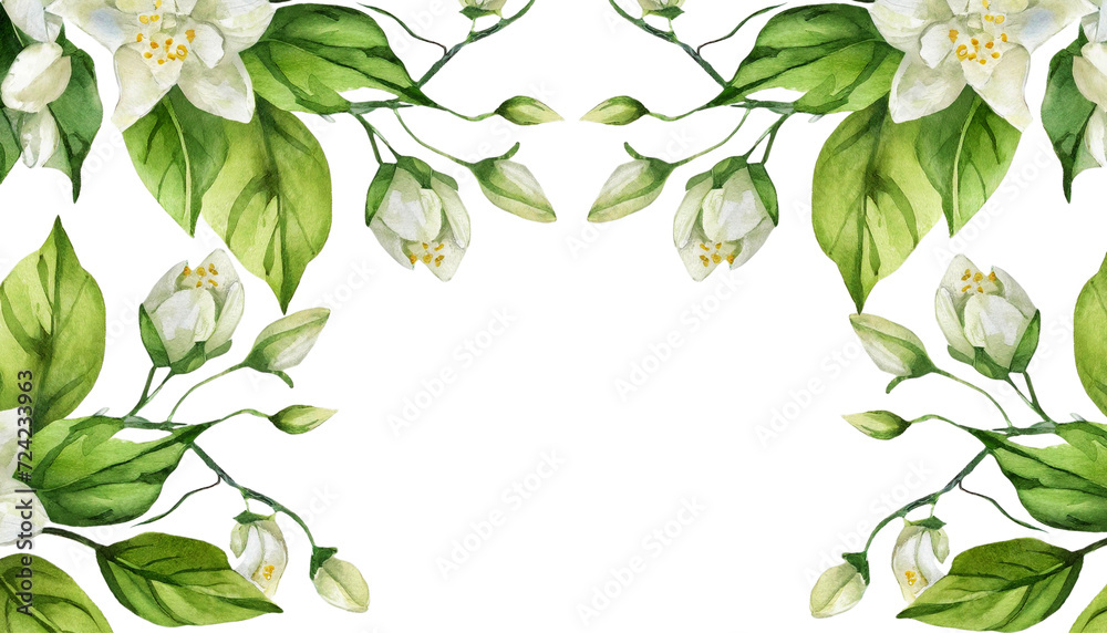 Greenery branches and jasmine flowers clipart. Green foliage arrangement for wedding, stationery, invitations, cards. Illustration isolated on transparent background