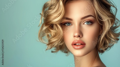 Beautiful model girl with short hair .Beauty woman with blonde curly hairstyle dye .Fashion  cosmetics and makeup