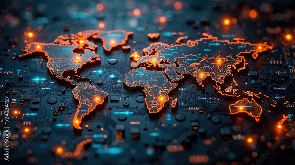 A glowing, orange digital world map overlays a dark, intricate circuit board, symbolizing global connectivity and technology.