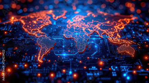 A glowing, orange digital world map overlays a dark, intricate circuit board, symbolizing global connectivity and technology.