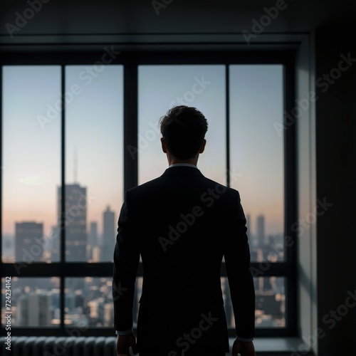 Businessman Contemplating Cityscape Through Office Windows in the Afternoon