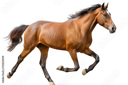 A stunning image capturing a brown horse in mid-gallop  showcasing its strength and grace  ideal for equestrian themes.