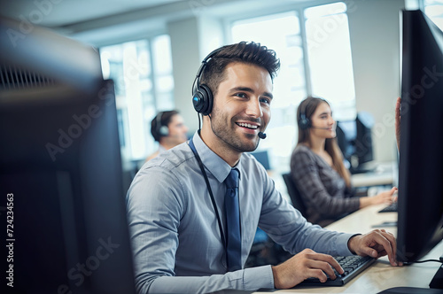 Trabajador del centro de llamadas siempre sonriente operador de atención al cliente en el trabajo joven empleado que trabaja con un auricular	
