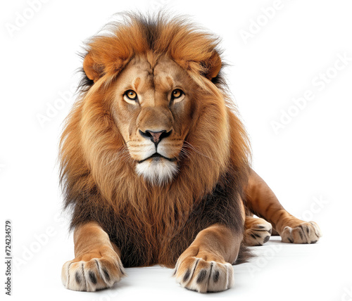 A captivating close-up of a majestic lion with a rich  golden mane  staring intensely against a white background.