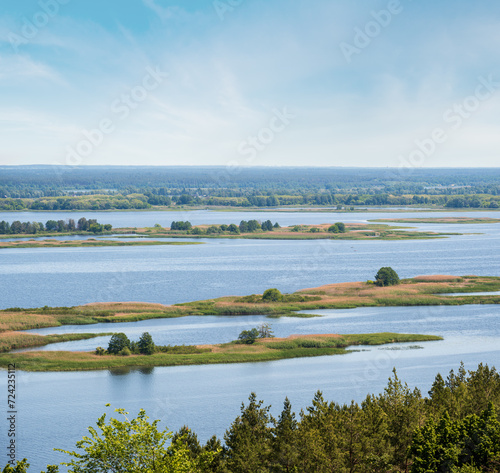 Dnipro river shores summer landscape, Kaniv water Reservoir, Kyiv Region, Ukraine.