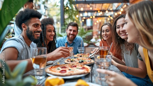meeting or group of friends eating pizza on a terrace in summer