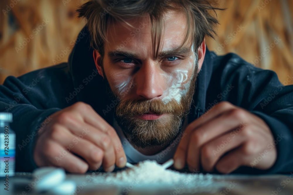 A bearded man with a dusting of white powder on his face stares pensively into the camera, his portrait capturing the complexity of the human experience - obrazy, fototapety, plakaty 