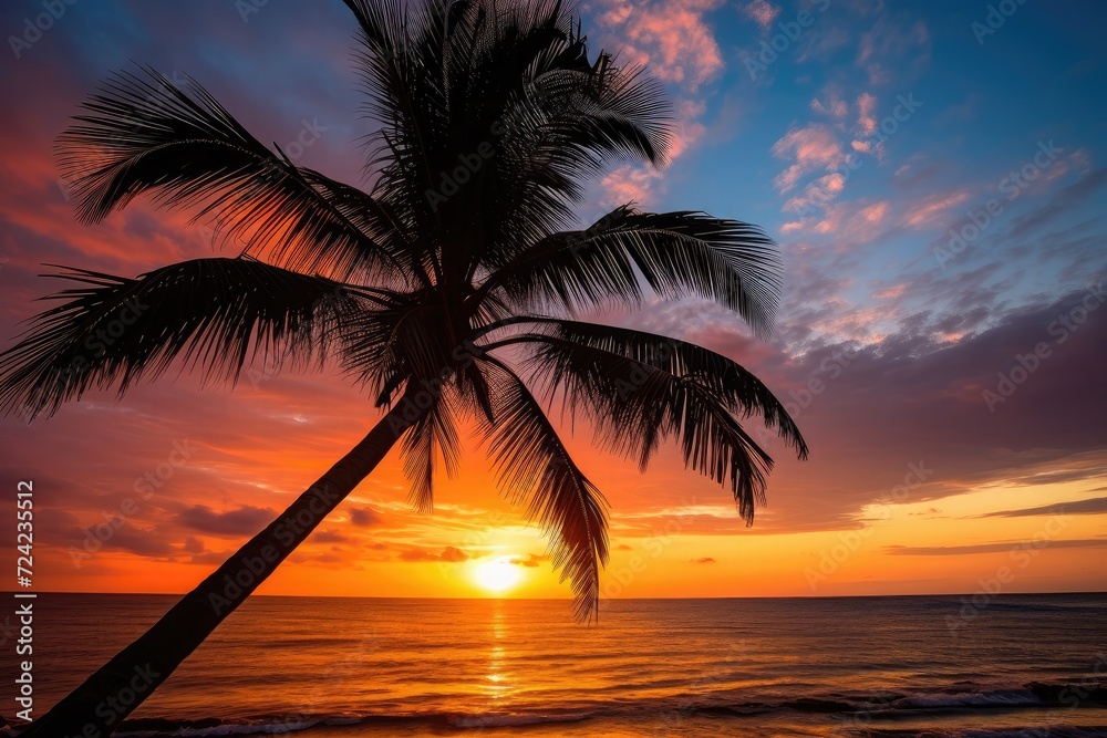 Palm tree silhouetted against a vibrant sunset sky, catching the warm hues of the fading sun