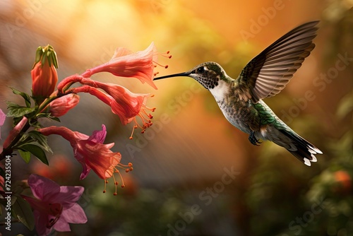 Hummingbird hovering mid-air iridescent feathers catching the sunlight