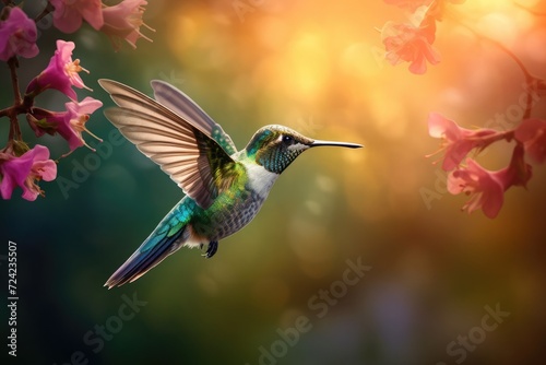 Hummingbird hovering mid-air iridescent feathers catching the sunlight © SaroStock