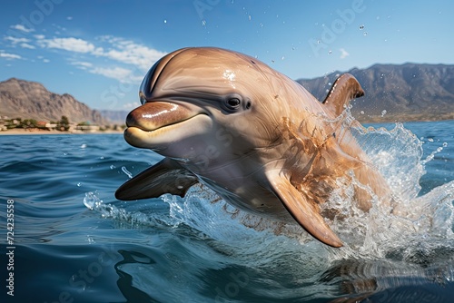 Dolphin leaping gracefully out of the sea, water droplets catching sunlight © SaroStock