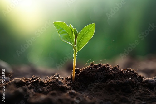 Tiny green sapling freshly planted in rich soil, beginning of new life and growth