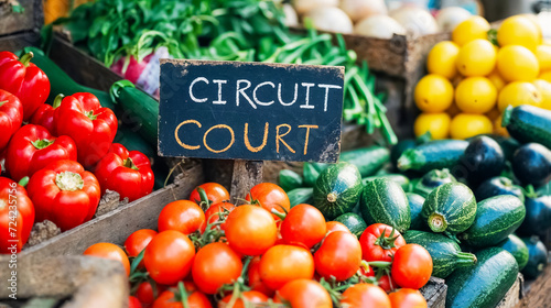 stand de légumes avec pancarte "Circuit court" sur un stand de marché