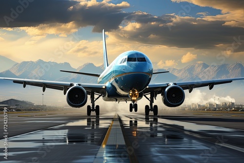 Airplane taking off from a runway, moment of lift off sunrise sky