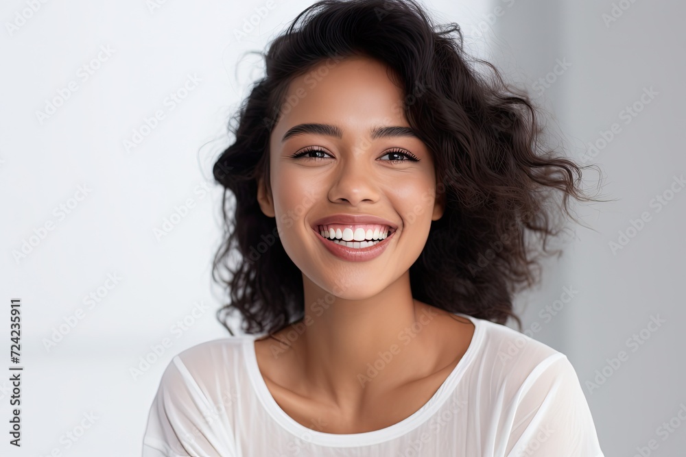 Radiant smile of a young Asian model girl, teeth perfectly aligned and gleaming in white background Radiant smile of a young Asian model girl, teeth perfectly aligned and gleaming in white background