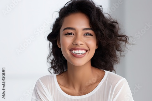 Radiant smile of a young Asian model girl, teeth perfectly aligned and gleaming in white background © SaroStock