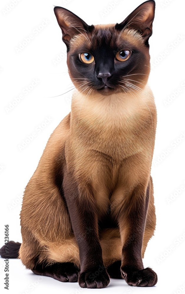 Adorable chocolate point Burmese cat, sitting up facing fronts. Looking towards camera. Isolated on a white background.