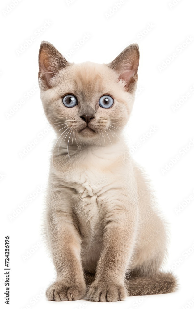 Adorable chocolate point Burmese cat kitten, sitting up facing fronts. Looking towards camera. Isolated on a white background.