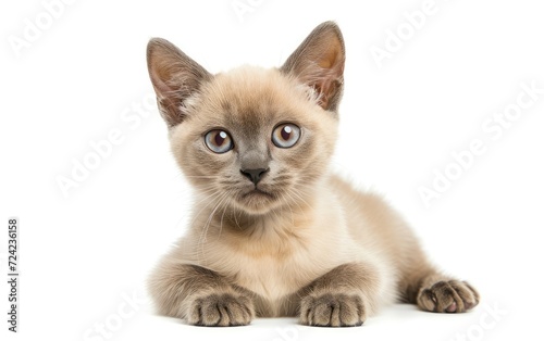 Adorable chocolate point Burmese cat kitten, sitting up facing fronts. Looking towards camera. Isolated on a white background. © Olga Mukashev
