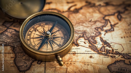 beautiful compass on a real old map in high resolution and quality. concept maps and compass on continents and sea of ​​the world