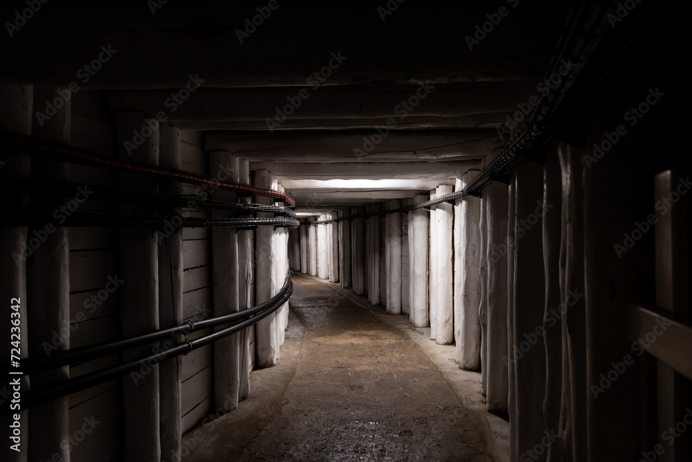Wooden casing around the historic mine gallery. Traditional materials used in mine security