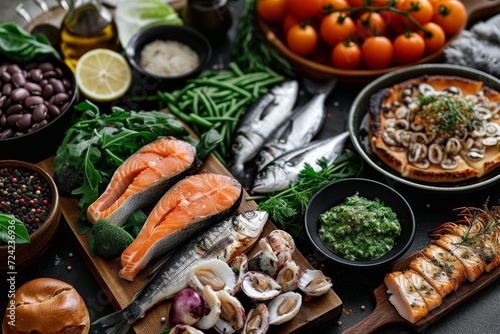 A bountiful spread of delectable seafood and fresh produce from the market, showcasing a mouth-watering assortment of fish products and vegetables for a scrumptious indoor supper