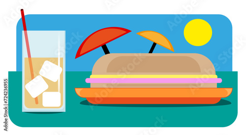 Vector de un vaso con jugo y un sándwich. Ilustración de vacaciones de verano con sombrillas y comida. 