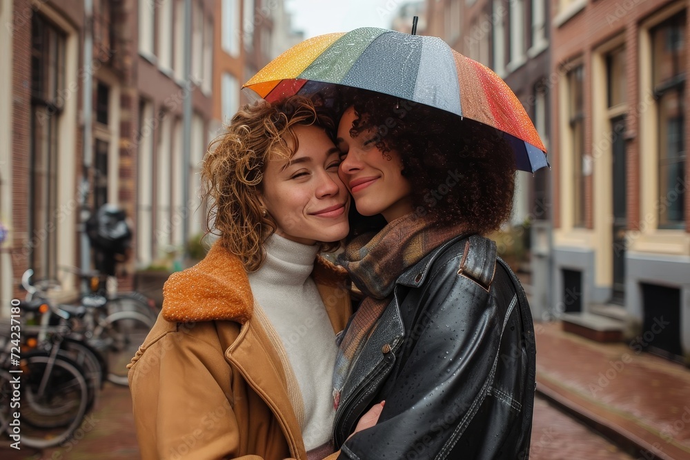 Two women with bright smiles stand on a busy street, their fashionable jackets and rainbow umbrella contrasting against the urban buildings and land vehicles, as they playfully hold onto a bicycle wh