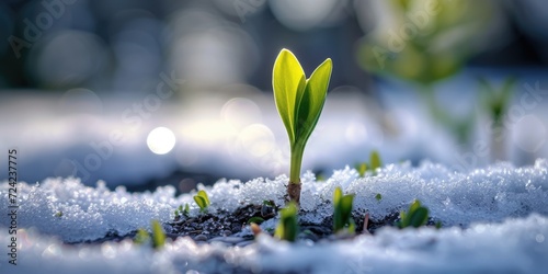 Young green sprout from the ground through white early spring day snow © piai