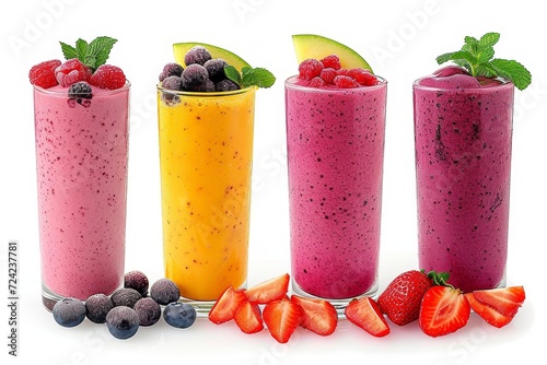 A vibrant assortment of fruity, refreshing drinks including health shakes, aguas frescas, and cocktails with luscious strawberries, colorful garnishes, and fun drinking straws, all perfect for a deli photo