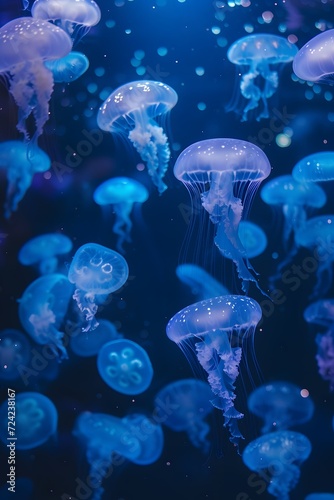 blue jellyfish swimming underwater dark baground pattern © artfisss