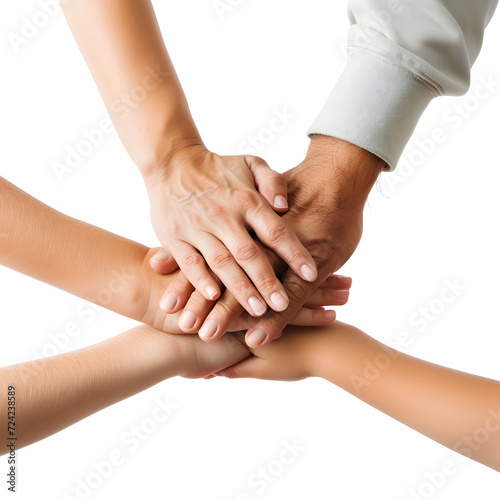 Family hands stacked in unity isolated on white background, vintage, png 