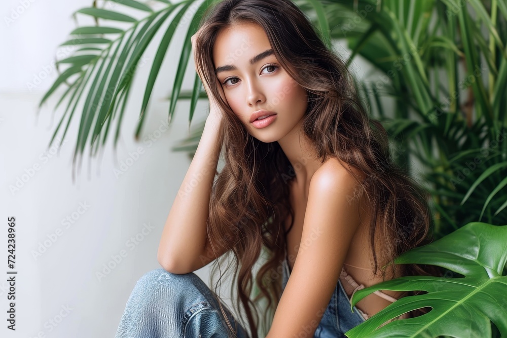 A stunning fashion model with long hair poses amidst lush greenery, exuding grace and elegance in her stylish attire for a captivating photo shoot A stunning fashion model with long hair poses amidst lush greenery, exuding grace and elegance in her stylish attire for a captivating photo shoot