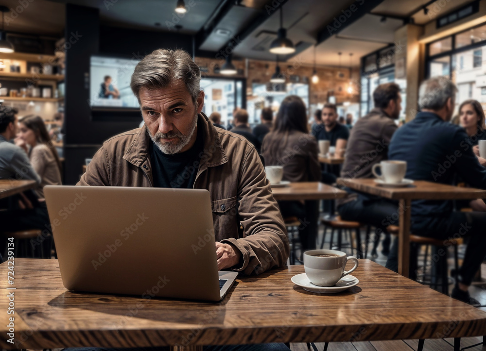 man smiling and sitting at a table with a laptop and a cup of coffee. She is focused on her work. There are other people in the background, engaged in their own activities. man smiling and sitting at a table with a laptop and a cup of coffee. She is focused on her work. There are other people in the background, engaged in their own activities.