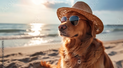 Fototapeta Naklejka Na Ścianę i Meble -  A happy dog in a hat and glasses sits on the beach of the sea or ocean. Summer holiday and vacation concept. holidays with pets