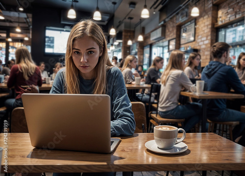 Wallpaper Mural woman smiling and sitting at a table with a laptop and a cup of coffee. She is focused on her work. There are other people in the background, engaged in their own activities. Torontodigital.ca