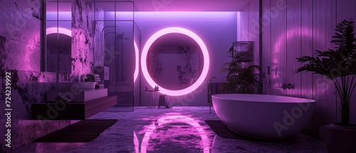 minimalist bathroom, circular violett glowing neon violett portal