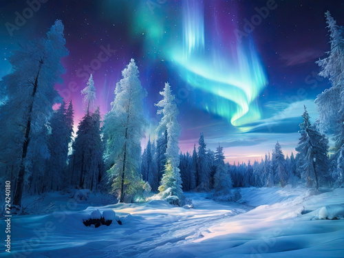 Aurora borealis and night sky. Beautiful northern landscape. © pictures_for_you