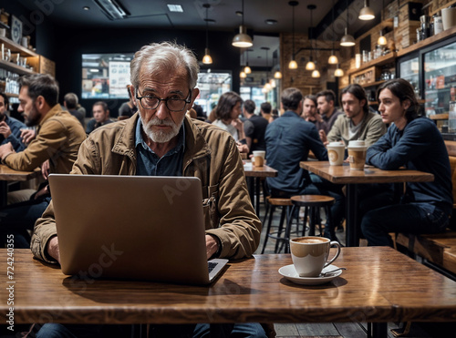 Old Man sitting at a table with a laptop and a cup of coffee. She is focused on her work. There are other people in the background, engaged in their own activities.