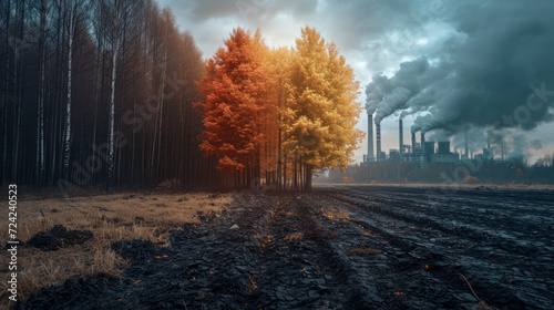 Autumn Trees and Industrial Smokestacks: A Striking Dichotomy
