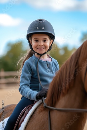 Equitation lesson. Happy child girl while riding a horse photo